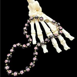 Vintage Sterling Chinese Import Cloisonné Black and Pink Floral Necklace 19”